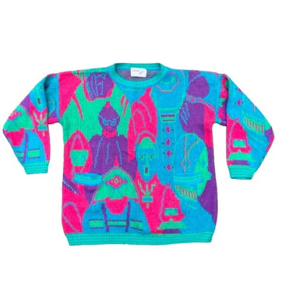Vintage Sweaters - Vintage 80s People Faces Multicolor Kitschy Novelty AOP Sweater